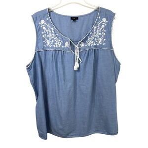 Talbots Plus Size 3X Top Blue Cotton Chambray Embroidered Tassel Boho Beachy 372